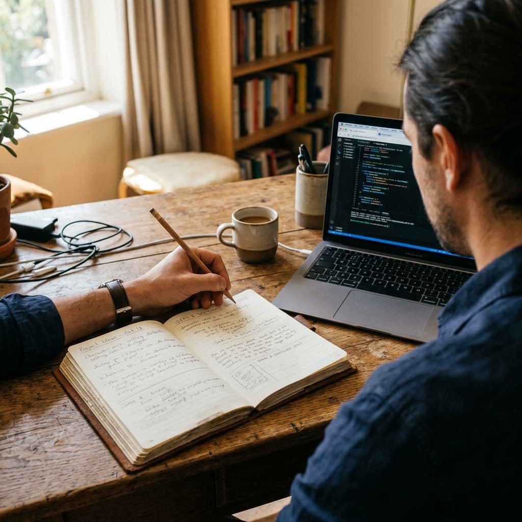 Engineer writing plans and strategies in notebook